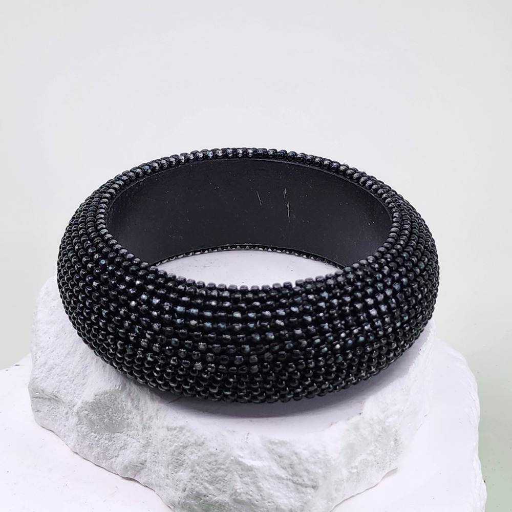 Black Beaded Wide Bangle Bracelet Seed Bead Chunky Gothic Statement Jewelry